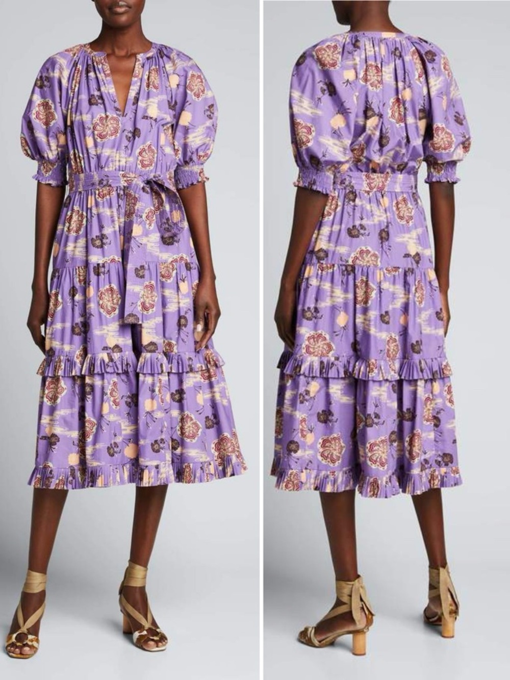 ULLA JOHNSON Dasha Zinnia Floral Tiered Puff Sleeve Poplin Midi Dress \\ 2
